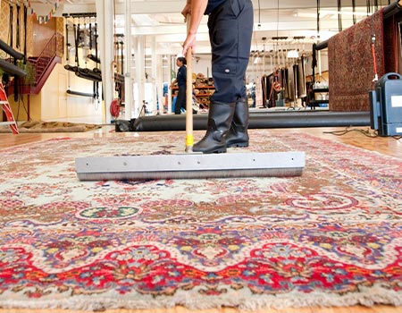 Professional worker cleaning rug