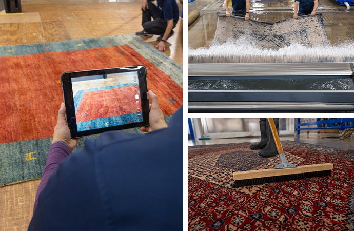 Professional rug cleaning process showing a technician steam cleaning a rug to remove dirt and stains.
