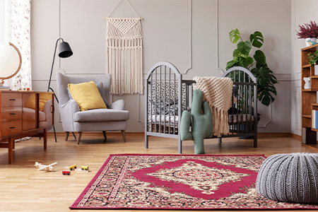 a colorful rug in a living room