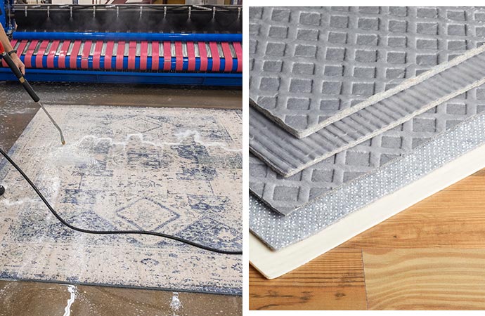 collage of rug wet cleaning and absorbent pad cleaning