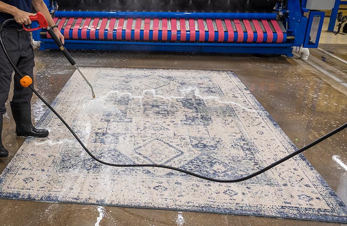 a professional wet cleaning a rug using equipment